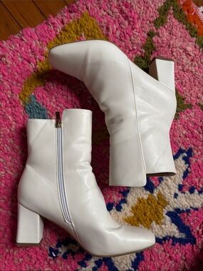 White Block Heel Ankle Boots
